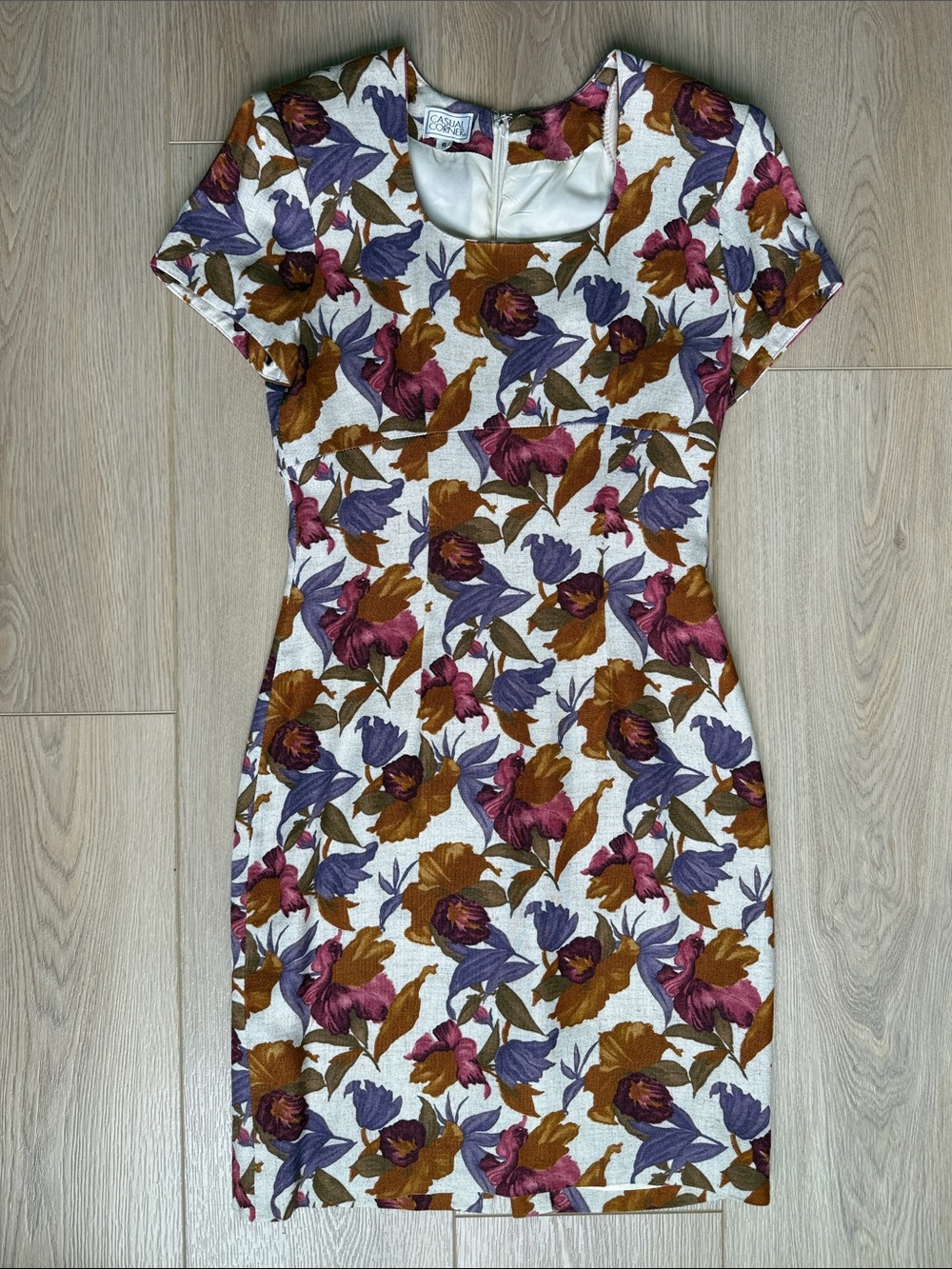 Vintage Floral Dress Casual Corner Square Neck Short Sleeve Sheath Purple Brown